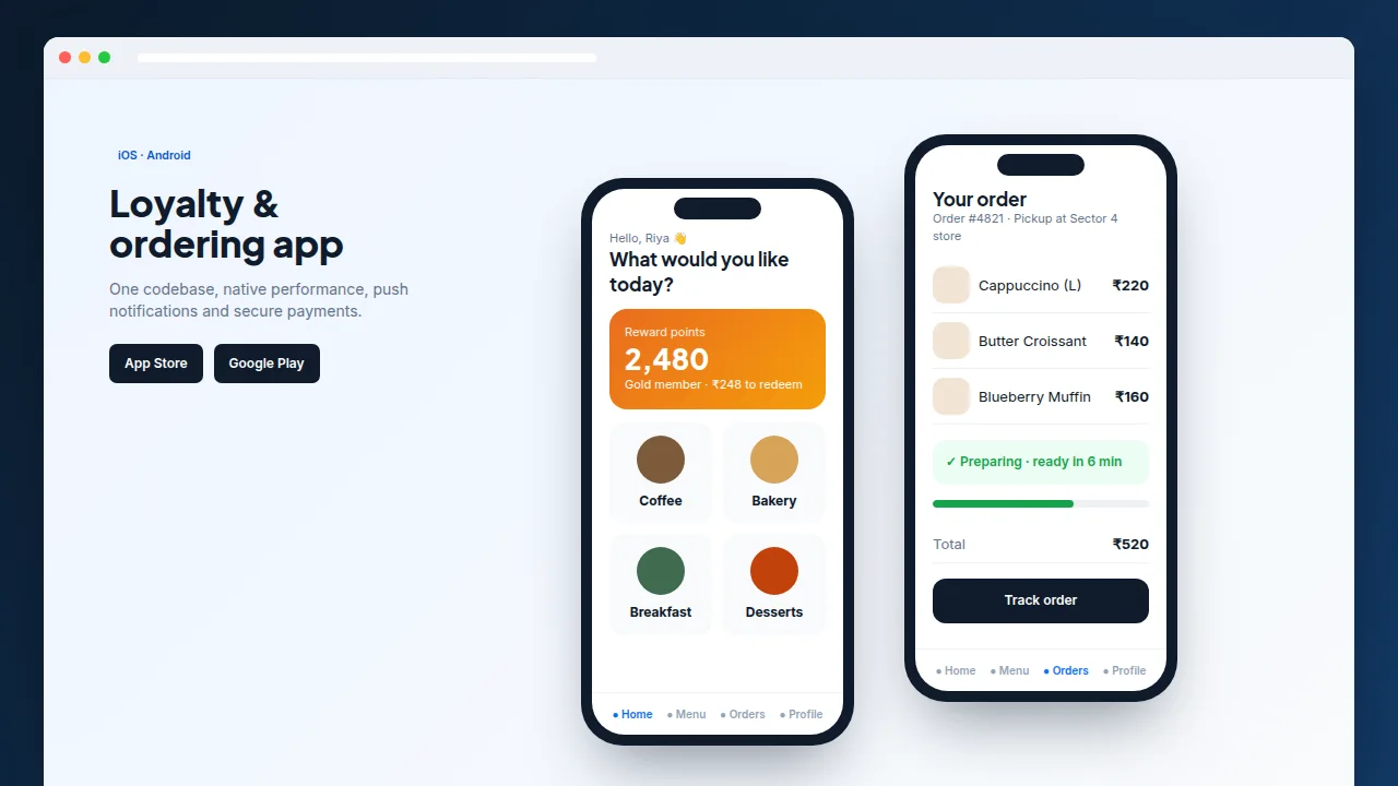 Loyalty and ordering mobile app screens on two phones